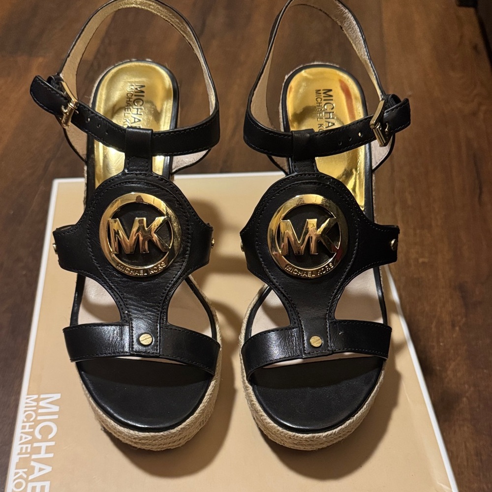 Michael Kors Black and Gold Logo Sandals